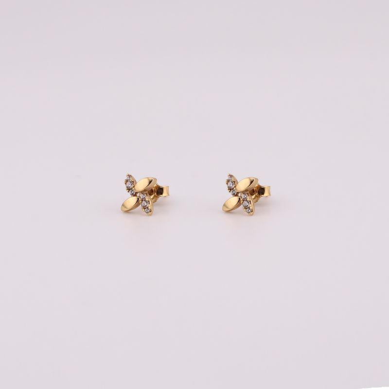 Aretes Flor Con Piedra Blanca 14k 1.6g