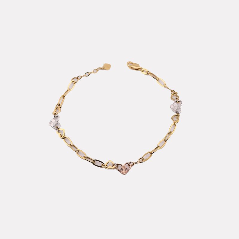 Pulsera Eslabon Corazones 14k 2.9g 17cm