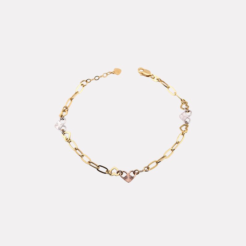 Pulsera Eslabon Corazones 14k 2.8g 17cm