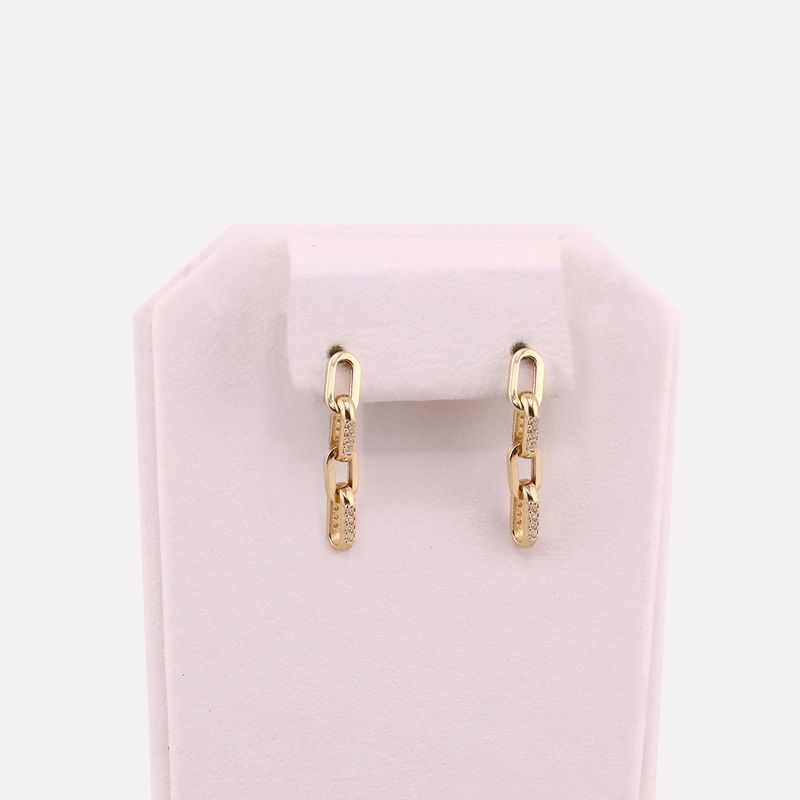 Aretes Eslabón Con Piedras Blancas 14k 2.1g