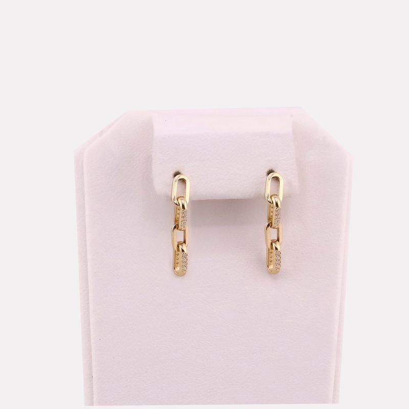 Aretes Eslabón Con Piedras Blancas 14k 2.1g