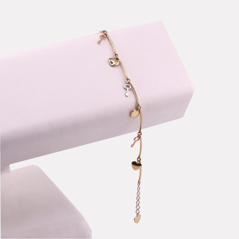 Pulsera Dijes Corazón Llave 14k 3.8g 16cm