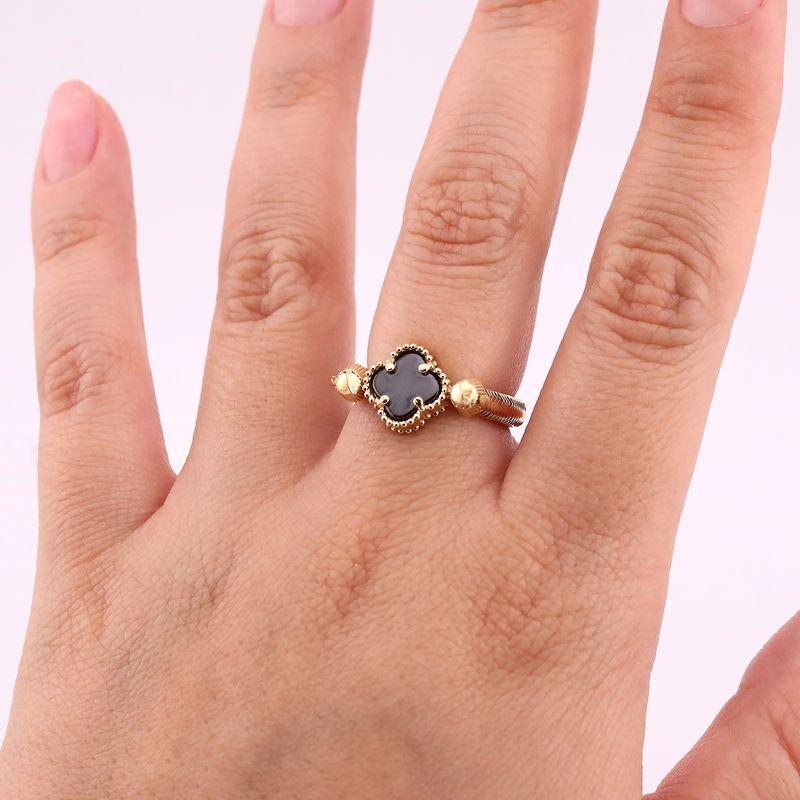 Anillo Trebol C/p Negra Ajustable 14k 1.8g