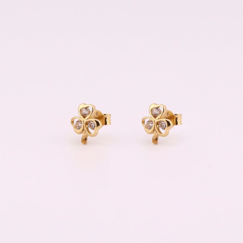 Aretes Trebol Con Piedra Blanca 14k 1.3g