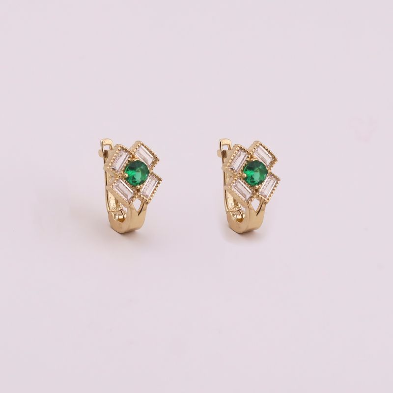 Aretes Flor Cuadrada C/p Verde  Patente 14k 1.6g