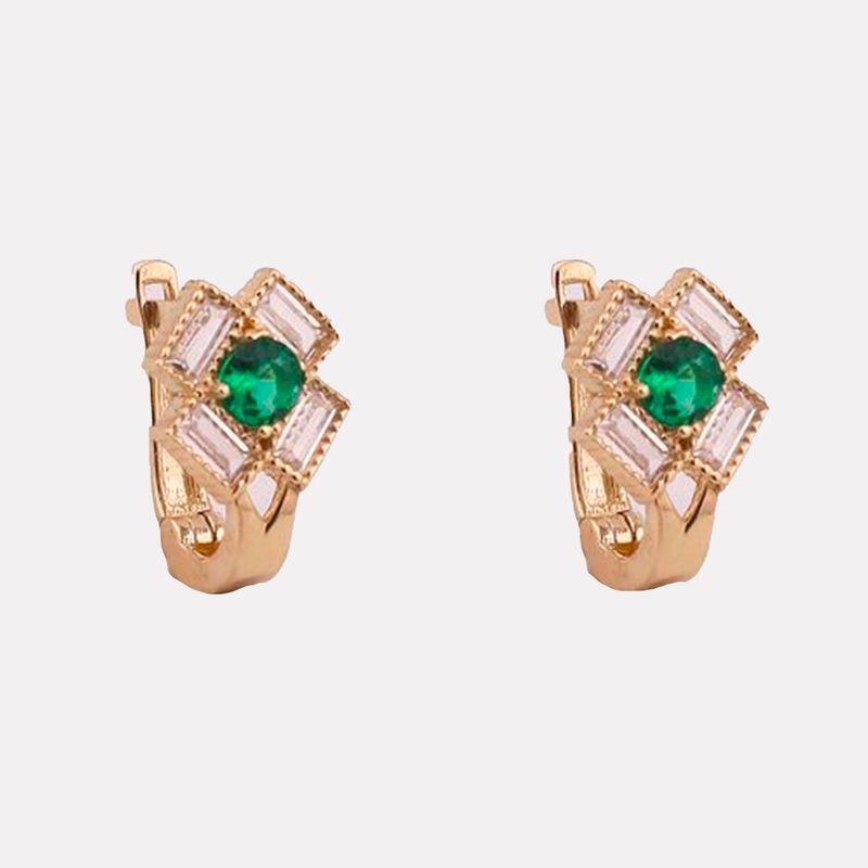Aretes Flor Cuadrada C/p Verde Patente 14K 1.6g