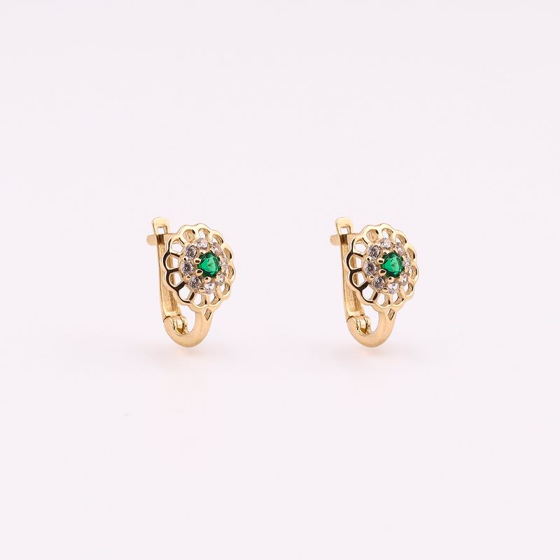 Aretes Flor C/p Verde Broche Patente 14k 1.2g