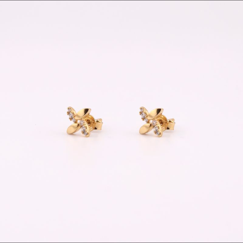 Aretes Flor Con Piedra Blanca 14k 1.6g