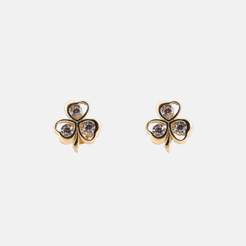 Aretes Trebol Con Piedra Blanca 14k 1.3g