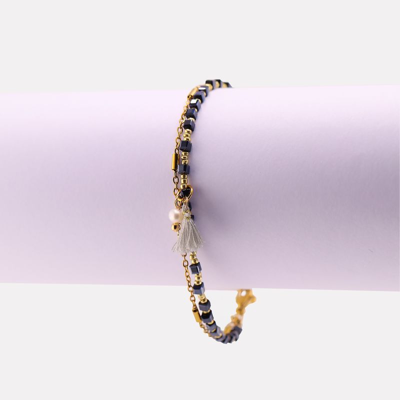 Pulsera Maya Doble Cuentas Ngro/fleco 17-20cm